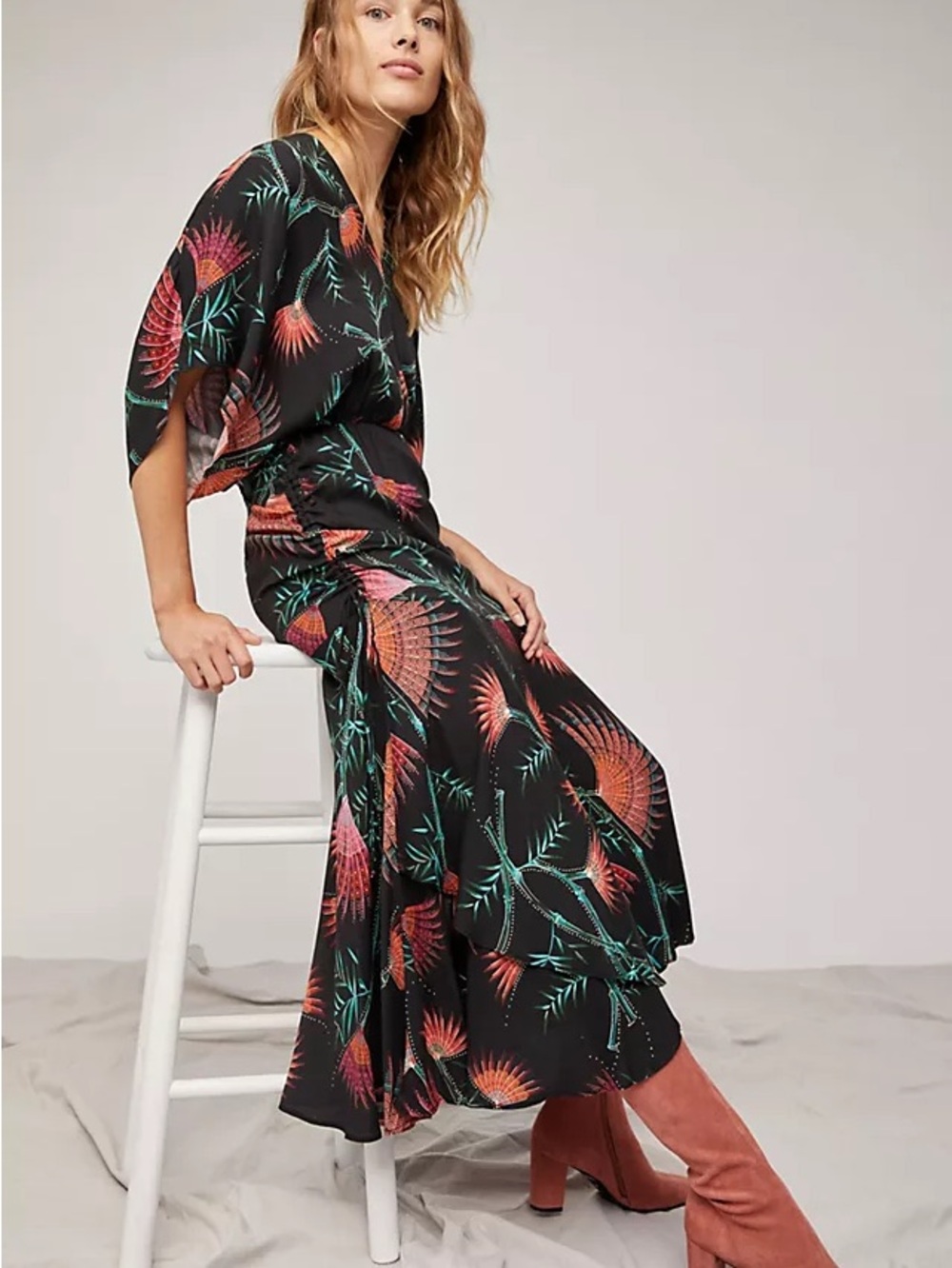 FARM for Anthropologie Tropical Botanical V-Neck Kimono Maxi Dress